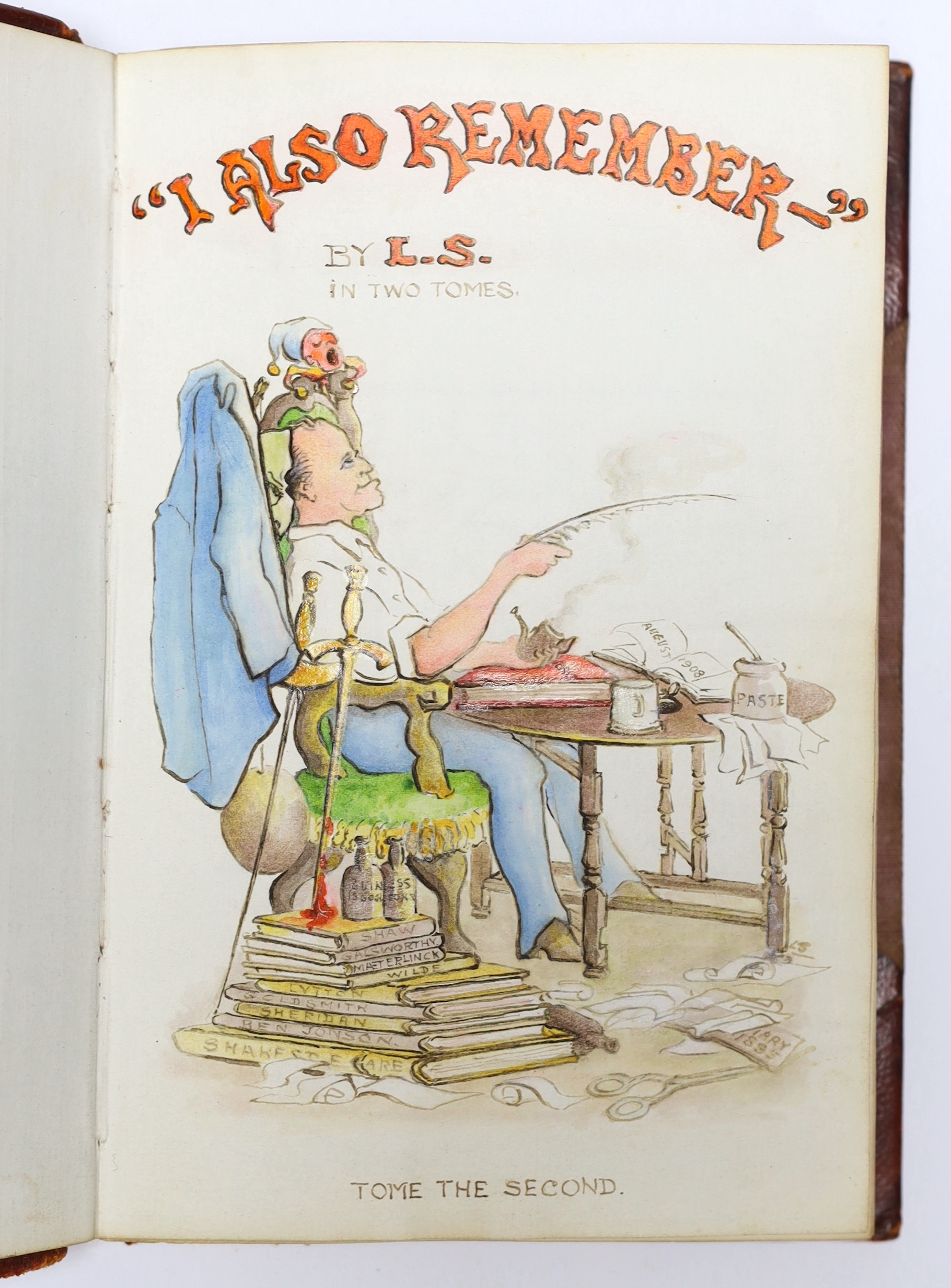 Shepherd, Leonard, Actor, (1882-1958) - Scraps & ‘’I Remember’’, 2 vols, 8vo, half red morocco, watercolour frontispieces, April, 1939. A captivating and often amusing autobiographical manuscript journal and account of t